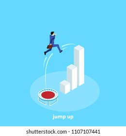 a man in a business suit jumped high on a trampoline, an isometric image
