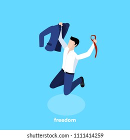 a man in a business suit jumped up holding a jacket and tie in his hands, emotions of happiness and joy, an isometric image