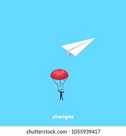 a man in a business suit jumped with a parachute from a paper airplane, an isometric image