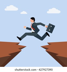 Man in business suit jumps from one rocky cliff to another, overcoming obstacles in business vector concept