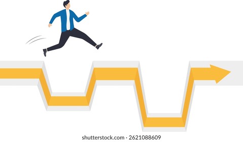 a man in a business suit jumps over failure, movement to success


