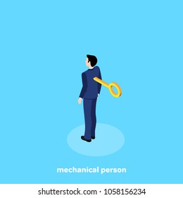 a man in a business suit with a key protruding from his back, an isometric image