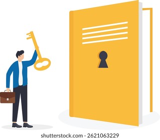 man in a business suit with a key stands in front of a big book, 

