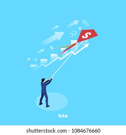 a man in a business suit launches a kite, an isometric image