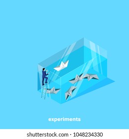 a man in a business suit launches paper boats in an aquarium, an isometric image