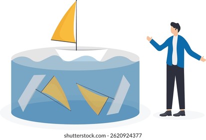 a man in a business suit launches paper boats in an aquarium, business test

