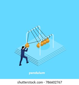 a man in a business suit launches a pendulum of balls, an isometric image