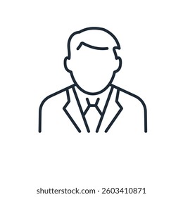 Man in a business suit. Leader, company president, chief boss. Vector linear icon isolated on white background.