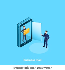 a man in a business suit with a letter and a smartphone with a glass door, an isometric image - Shutterstock ID 1036498057