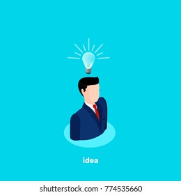 a man in a business suit with a  light bulb over his head, there is an idea, an isometric image