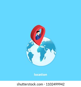 man in a business suit in a location sign on the background of the globe, isometric image