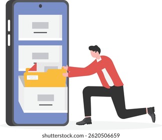 a man in a business suit looking for a file on the shelves of the archive,


