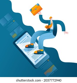 A man in a business suit is looking through the news on the phone. The concept of a vector illustration on the topic of surfing the Internet and social networks.