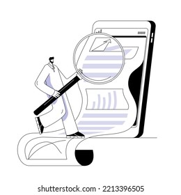 A man in a business suit is looking through the news on the phone. The concept of a vector illustration on the topic of surfing the Internet and social networks.