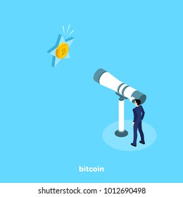 a man in a business suit looks at a large telescope on a star with a coin bitcoin, an isometric image