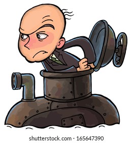 man in a business suit looks out of the hatch of the submarine. vector drawing of a series of comic characters.