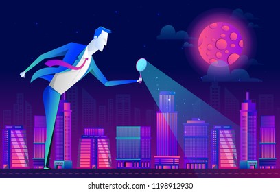 a man in a business suit looks at the people and city through a magnifying glass, vector flat design