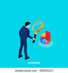 a man in a business suit looks at a pie chart through a magnifying glass, an isometric image