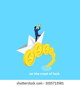 a man in a business suit looks in a telescope standing on a paper boat among the waves of gold coins, isometric image