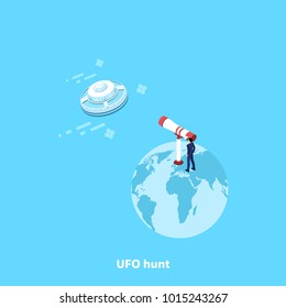 a man in a business suit looks through a telescope at a passing UFO, an isometric image