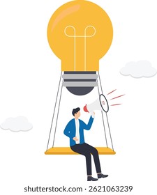 a man in a business suit with a loudspeaker hanging on a light bulb, promotion


