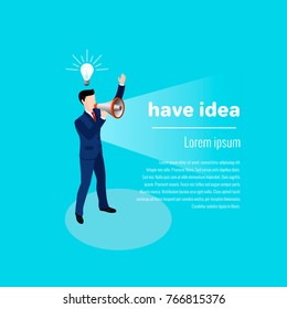 a man in a business suit with a loudspeaker in his hands and a light bulb over his head, there is an idea, an isometric image