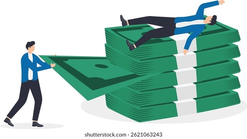 a man in a business suit is lying on a large pile of money and others are trying to pull out of this pile at least one bill

