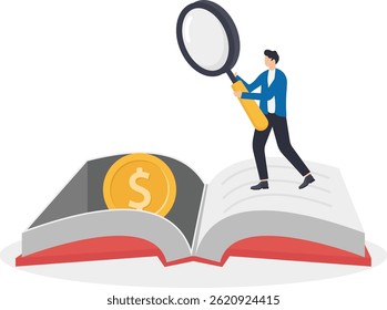 a man in a business suit with a magnifier looks at a book on gold coins,

