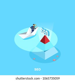 a man in a business suit with a magnifier on a paper boat and a pyramid top with an inscription sticking SEO out of the water, an isometric image