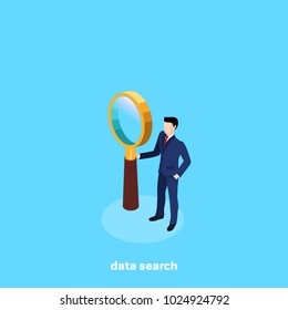 man in business suit with magnifying glass, data search, isometric image