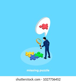 a man in a business suit with a magnifying glass is looking for the missing puzzle, isometric image