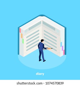 a man in a business suit makes a pencil mark in a diary, an isometric image