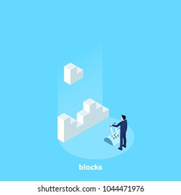 the man in the business suit manages the blocks by peeling them into one piece, an isometric image