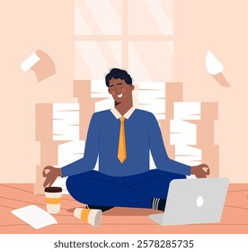 A man in a business suit meditates in a cross-legged pose near a laptop and scattered papers, surrounded by document stacks. Calmness amidst work stress concept. Vector illustration