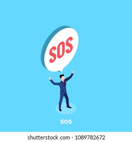 a man in a business suit and a message icon with an SOS inscription, an isometric image