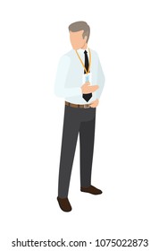 Man in business suit with name badge on neck points with one hand to side, other arm lies on brown belt. Vector illustration isolated on white.