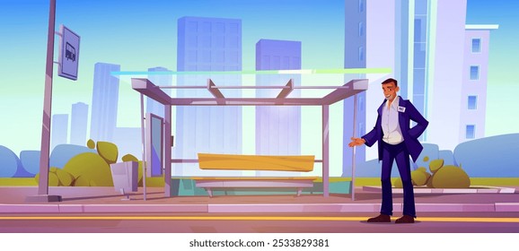 Man in business suit with name badge standing next to modern bus stop in city. with high buildings under clear sky. Cartoon urban scene with male character waiting for bus or greeting someone.