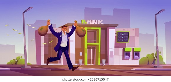 Homem de terno de negócios com distintivo de nome alegremente foge do banco segurando dois grandes sacos de dinheiro em cada mão. As cédulas de dólar voam em torno de um personagem masculino sorridente e triunfante na paisagem da cidade.