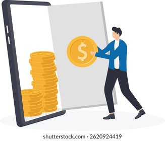 man in a business suit near a smartphone and gold coins,


