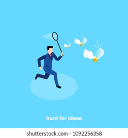 a man in a business suit with a net is chasing flying lights, an isometric image