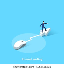 a man in a business suit on a big arrow and a computer mouse, an isometric image