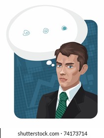 man in a business suit on a blue background with a speech bubble