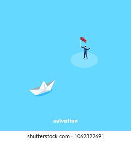 a man in a business suit on an island waving a flag to a floating paper boat, an isometric image