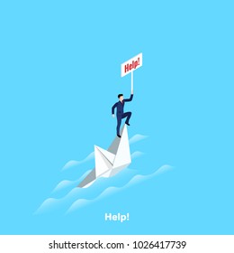 man in a business suit on a sinking ship with a sign help, isometric image