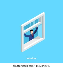 a man in a business suit opens a window on a blue background, an isometric image