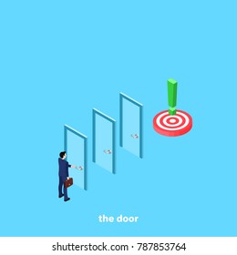 a man in a business suit passes through many doors to the goal, an isometric image