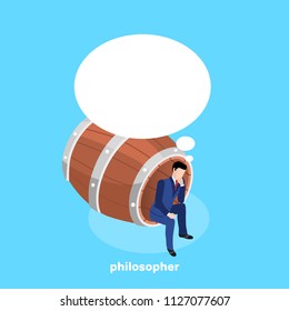 a man in a business suit, as a philosopher reflects and sits in a large wooden barrel, an isometric image