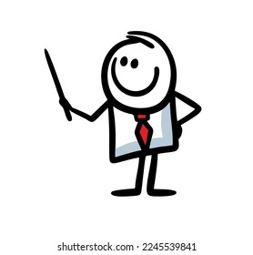 A man in a business suit with a pointer in his hands shows information on the stand. Vector illustration of a young teacher at school.