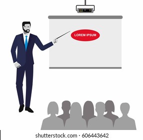  Man in Business Suit with Pointer. A male standing by a projector,clapping