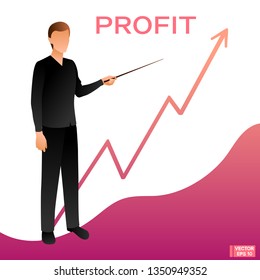 A man in a business suit points to a graph.